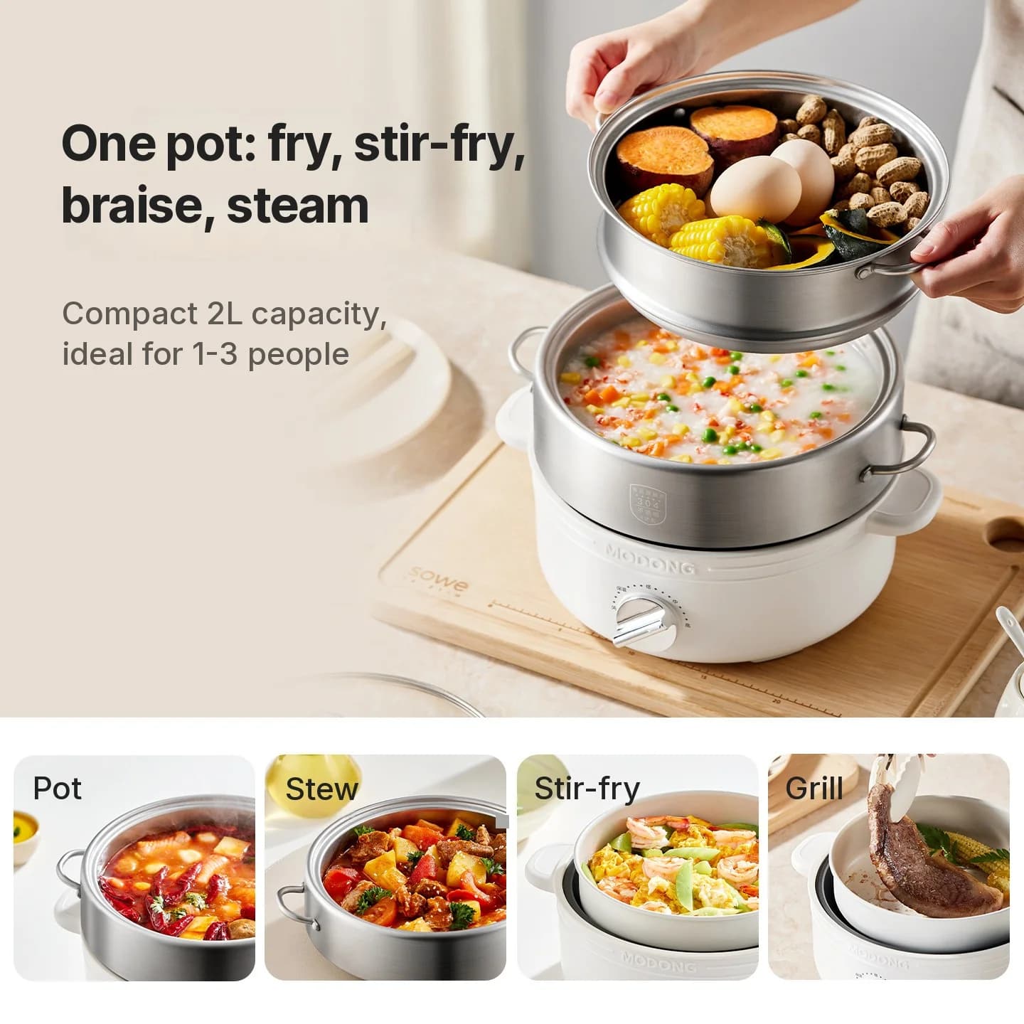 Geteilte elektrische Hotpot aus Edelstahl 2L mit 3 Heizstufen