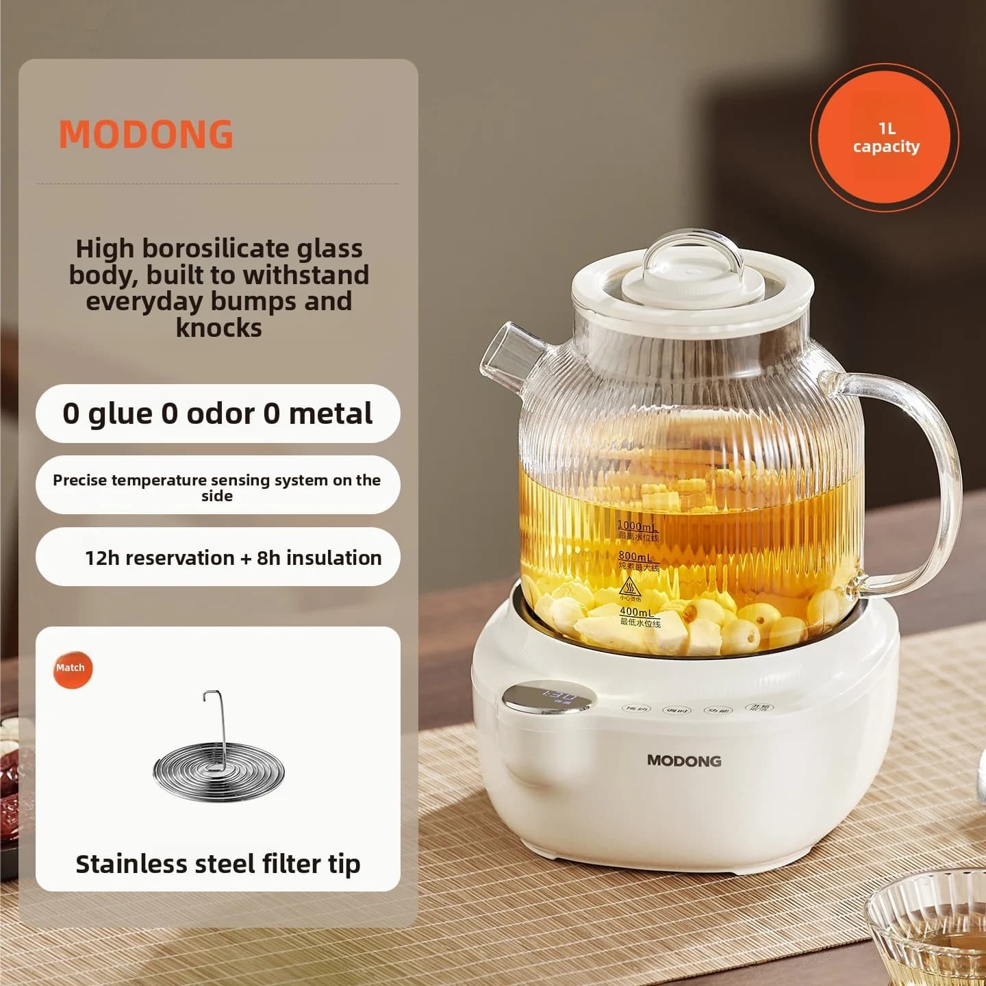 Elektrischer Glas-Gesundheitstopf mit Temperaturregelung und Teedämpfer