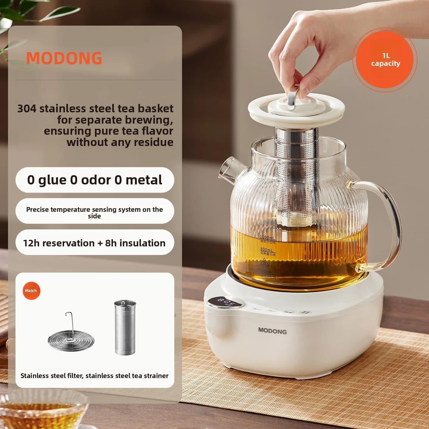 Glas-Elektro-Teekessel mit Temperaturregelung, 1L