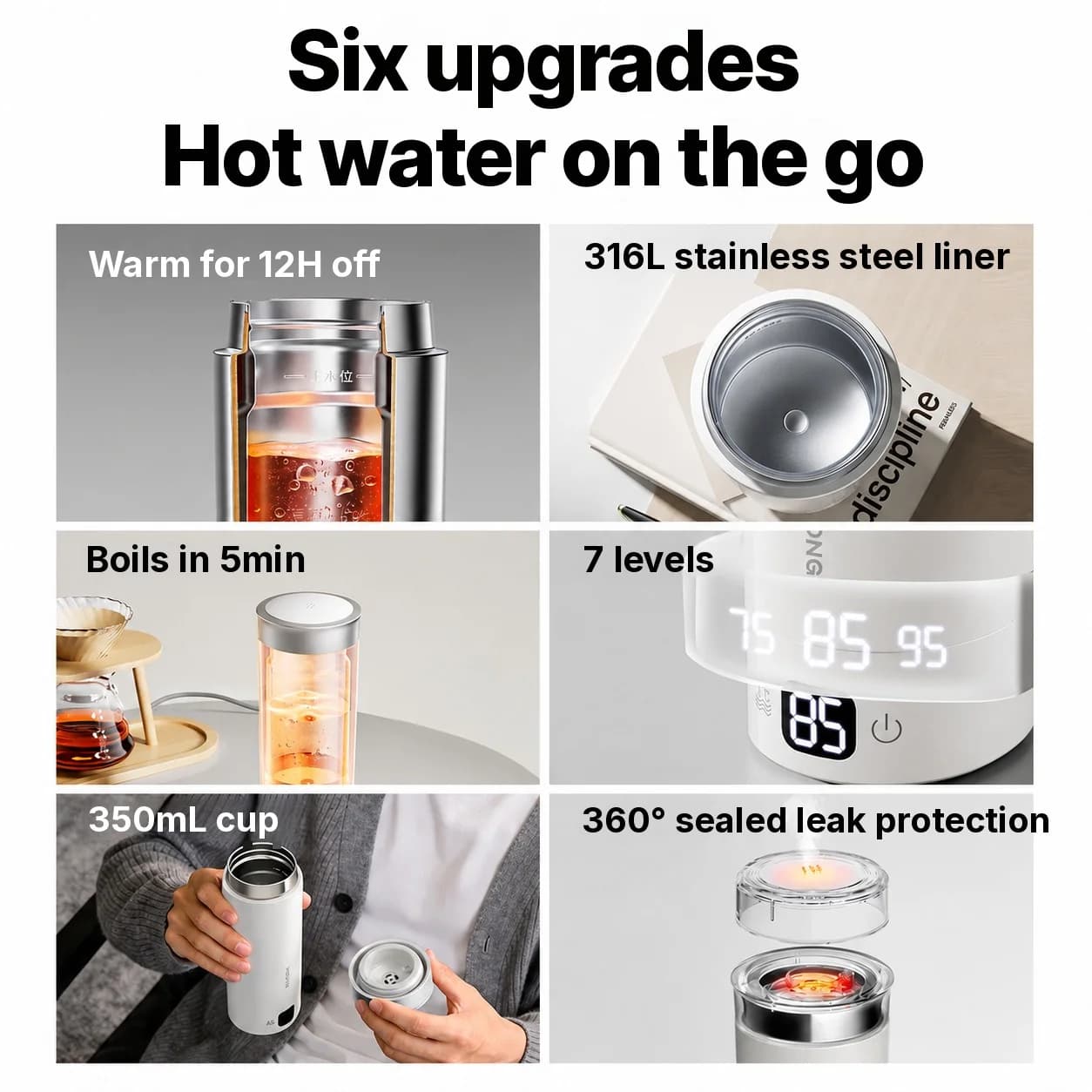 Tragbarer elektrischer Wasser-Heizbecher 350ml 316L Edelstahl